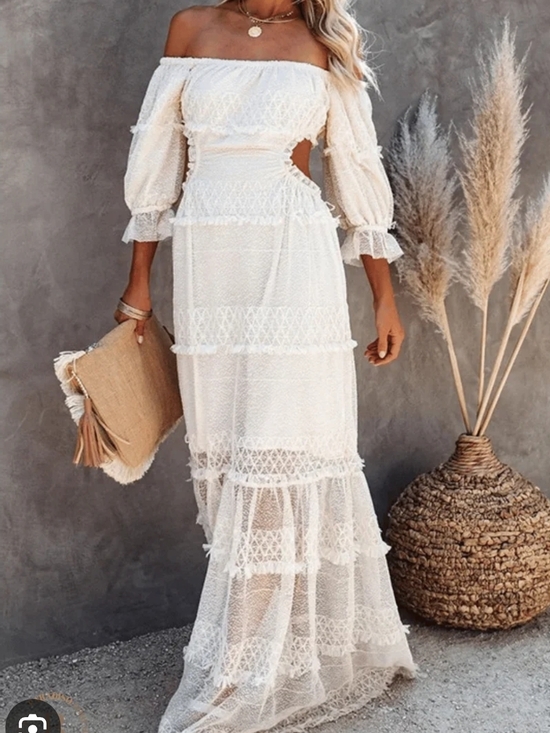 Skylar Rose Dresses & Skirts - Boho Off-Shoulder White Lace Maxi Dress with Cutout Waist